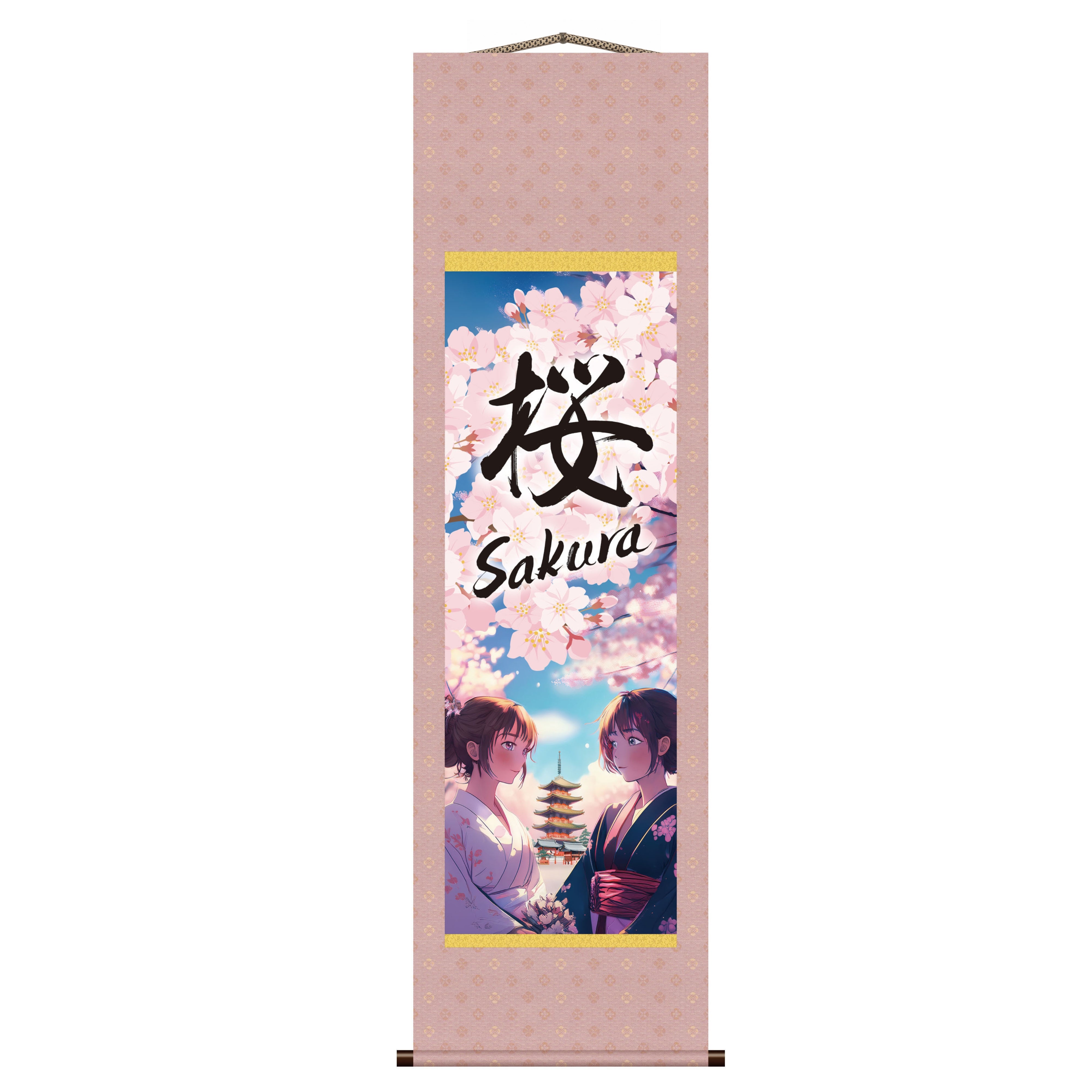 Anime Japonês Sakura Kakemono Wall Scroll – Mulheres de Kimono com Pagoda
