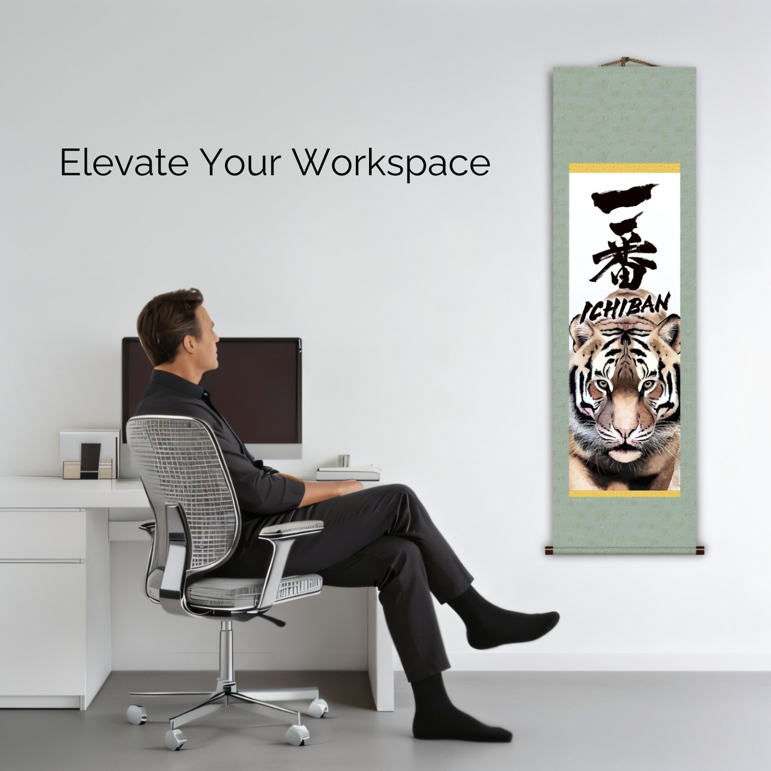 Japanese Ichiban Tiger Kakemono Pared Scroll – Retrato Poderoso de Tigre