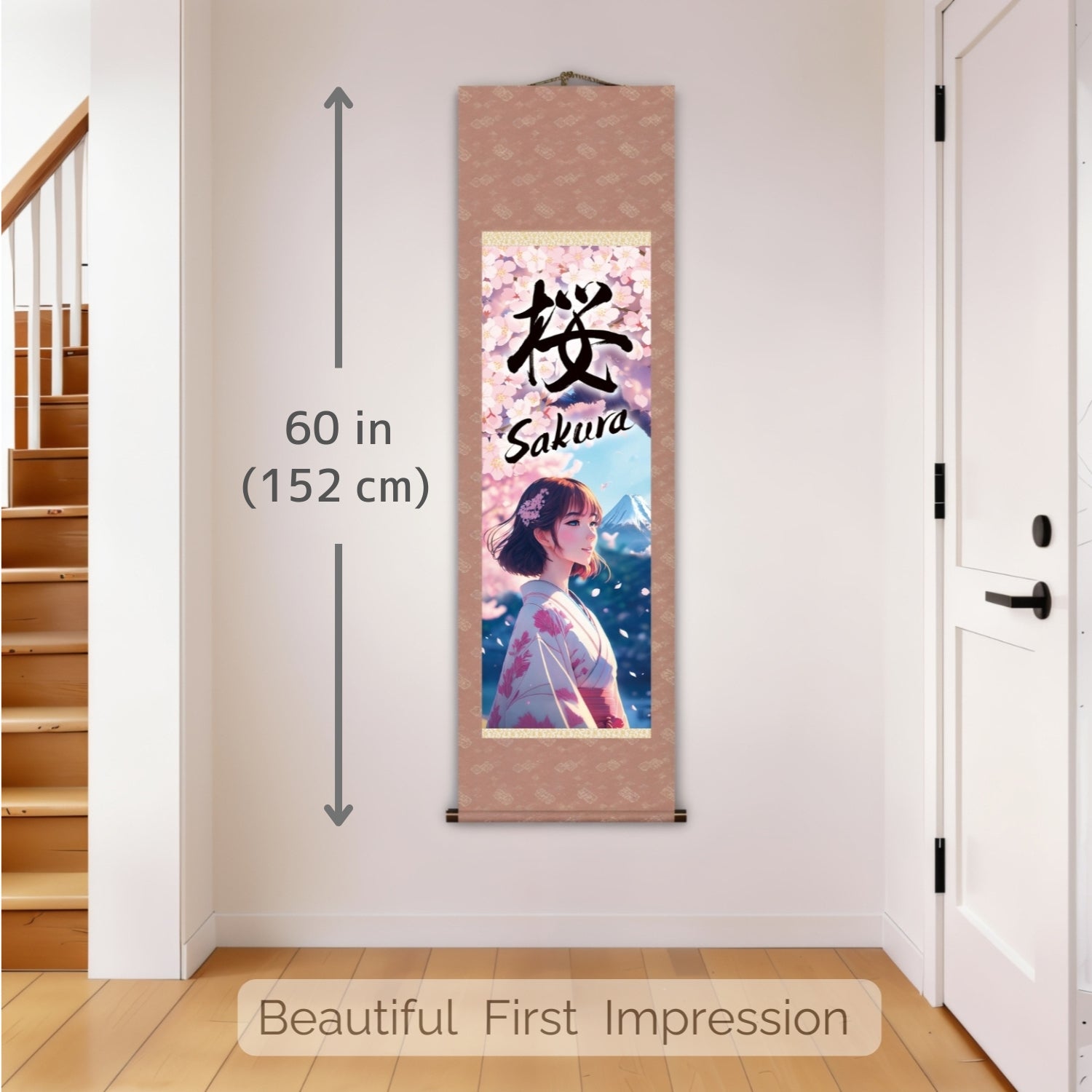 Póster de pared de pergamino japonés de anime Sakura – Mujer con kimono y el Monte Fuji