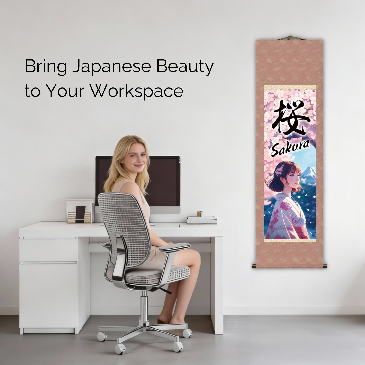Póster de pared de pergamino japonés de anime Sakura – Mujer con kimono y el Monte Fuji