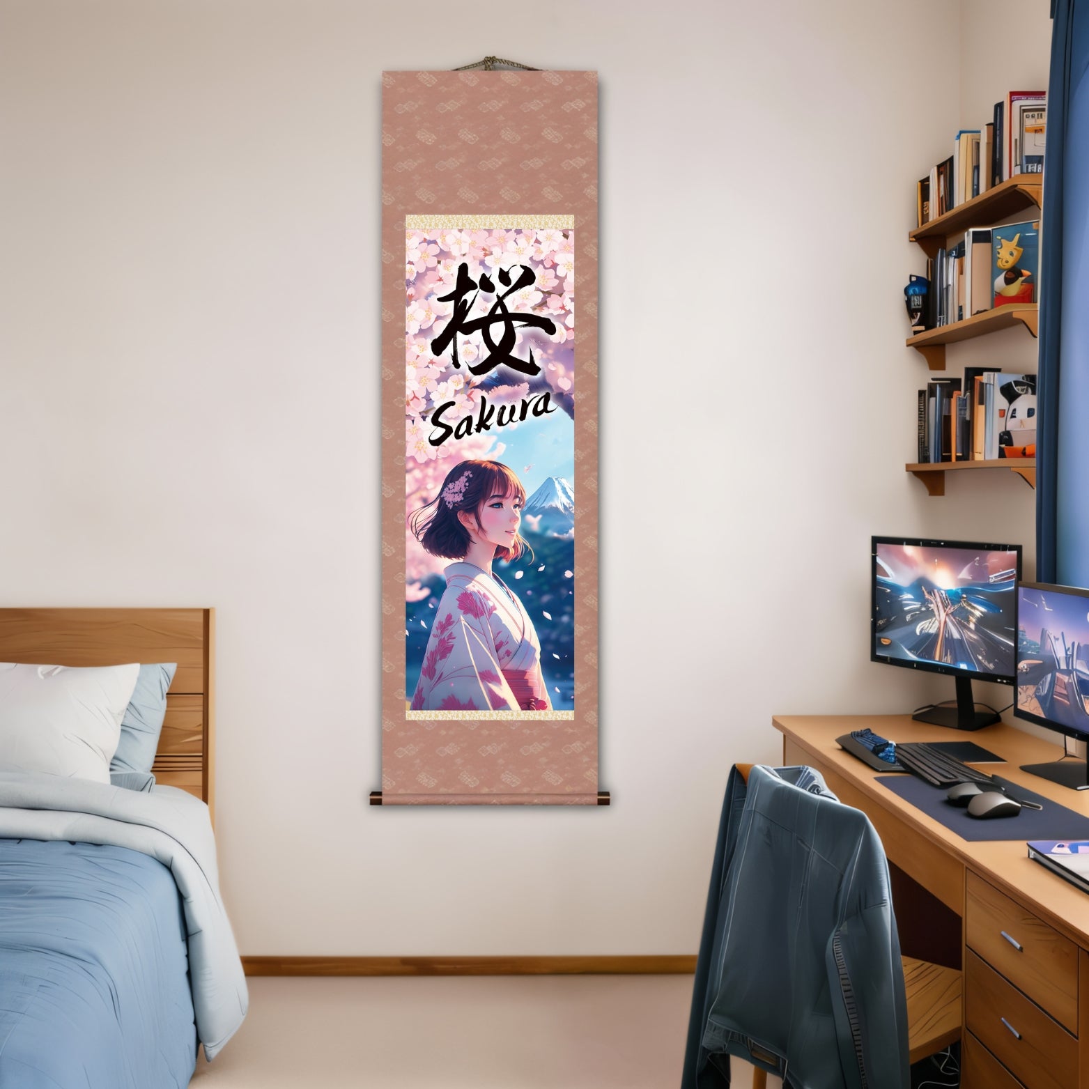 Póster de pared de pergamino japonés de anime Sakura – Mujer con kimono y el Monte Fuji