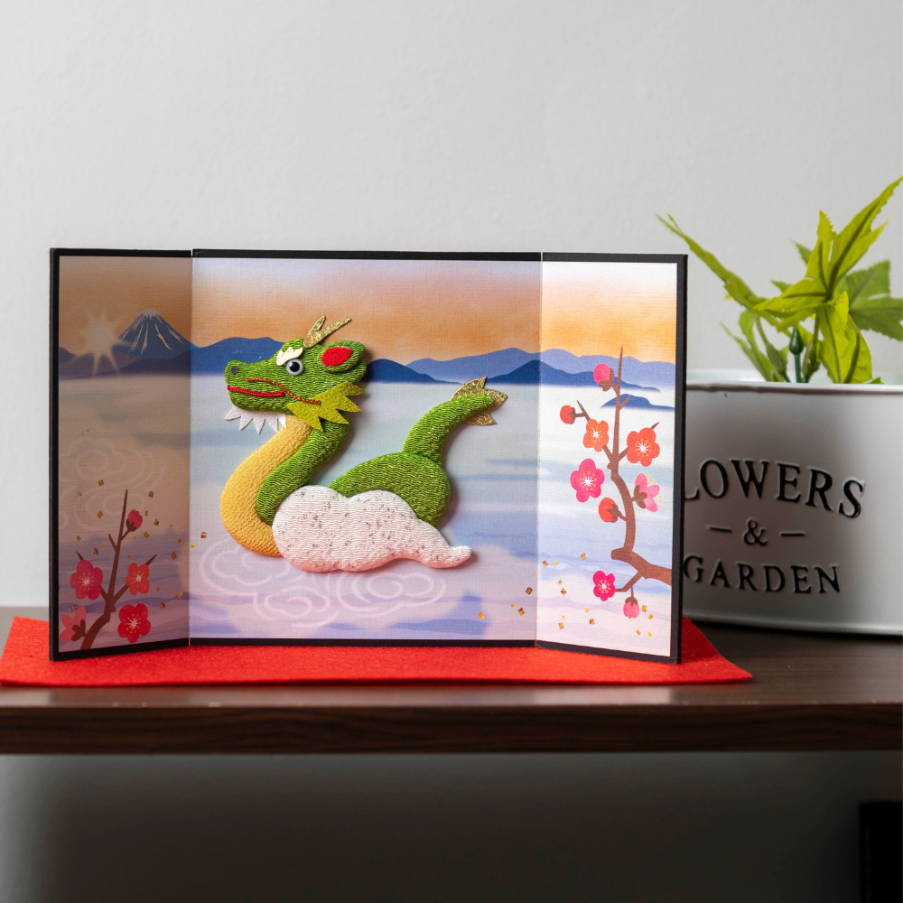 A Powerful Dragon with Mount Fuji - Folding Screen, Bringing You Good Fortune, Raised Cloth Artwork