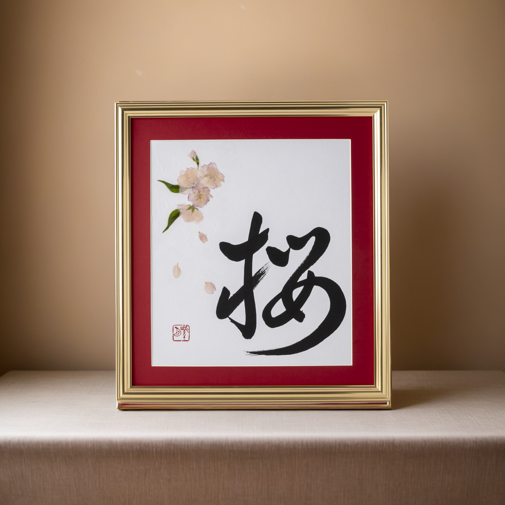 Pressed Flower Sakura "Cherry Blossom" in Japanese - Gold Frame with Red Mat, Design 2 (Free Shipping)