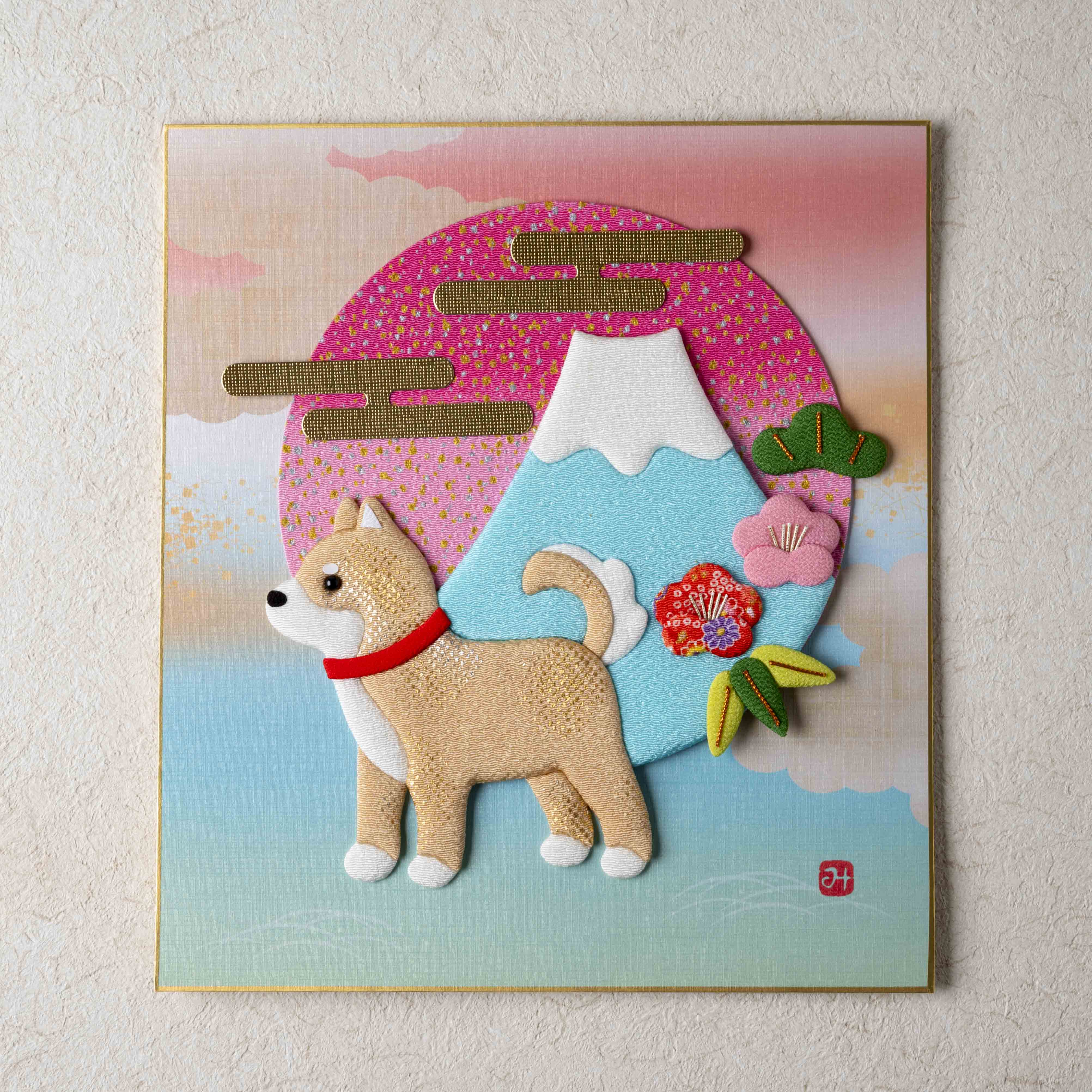 A Dog with Mount Fuji - Brown and Gold Frame, Raised Cloth Artwork