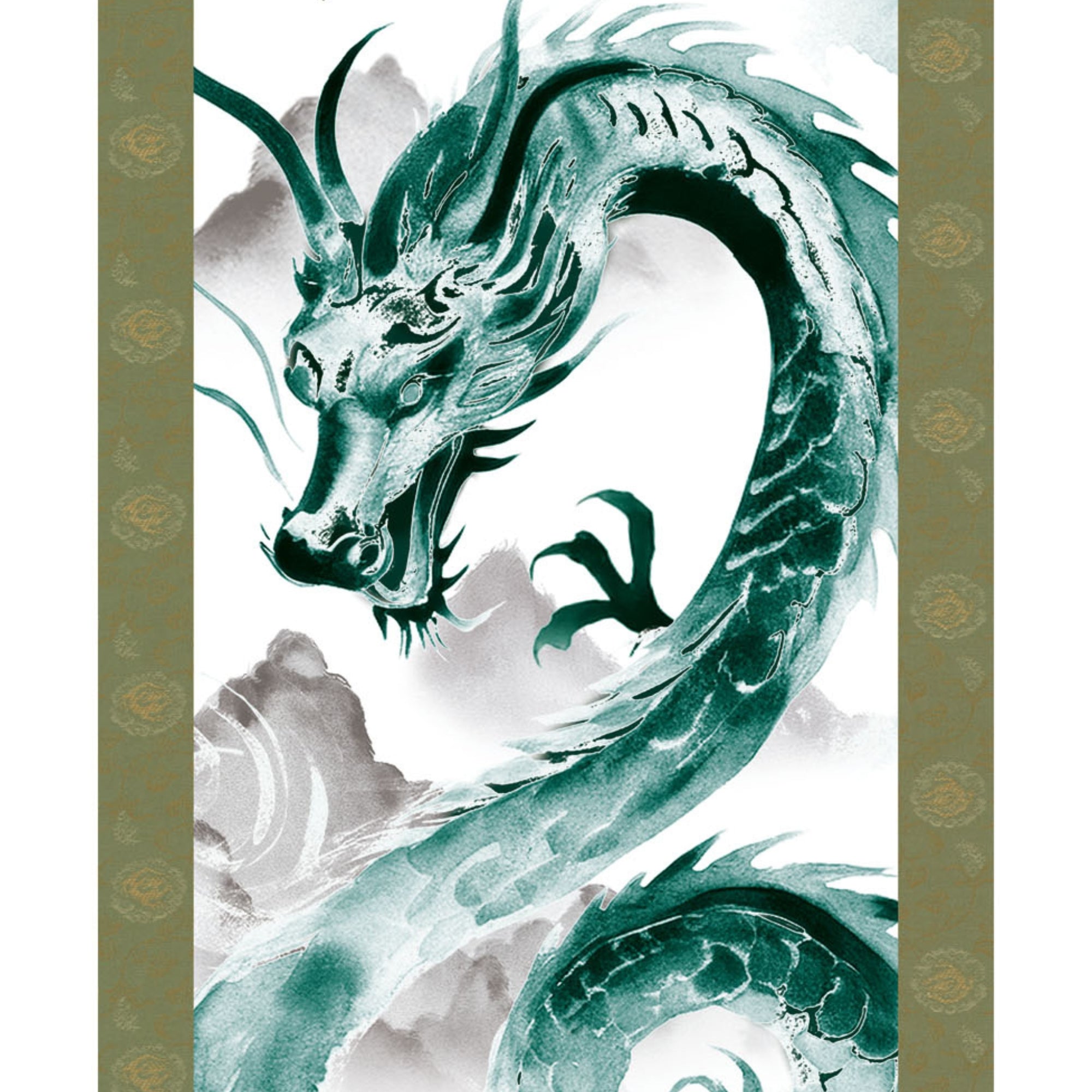 Póster colgante japonés Kakemono – Dragón verde ascendente 