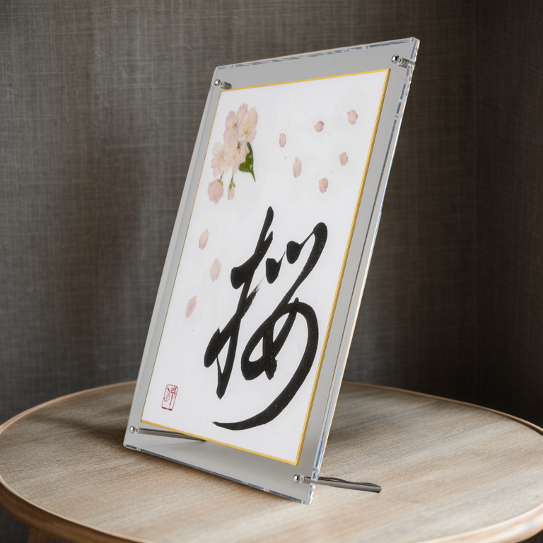 Pressed Flower Sakura "Cherry Blossom" in Japanese - Acrylic Clear Frame, Design 1 (Free Shipping)