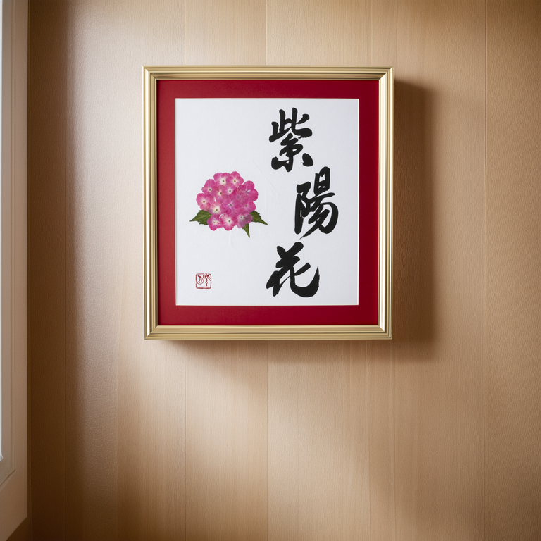 Pressed Flower Ajisai "Hydrangea" in Japanese - Gold Frame with Red Mat, Design 1 (Free Shipping)