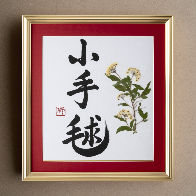 Pressed Flower Kodemari "Reeves Spirea" in Japanese - Gold Frame with Red Mat, Design 1 (Free Shipping)