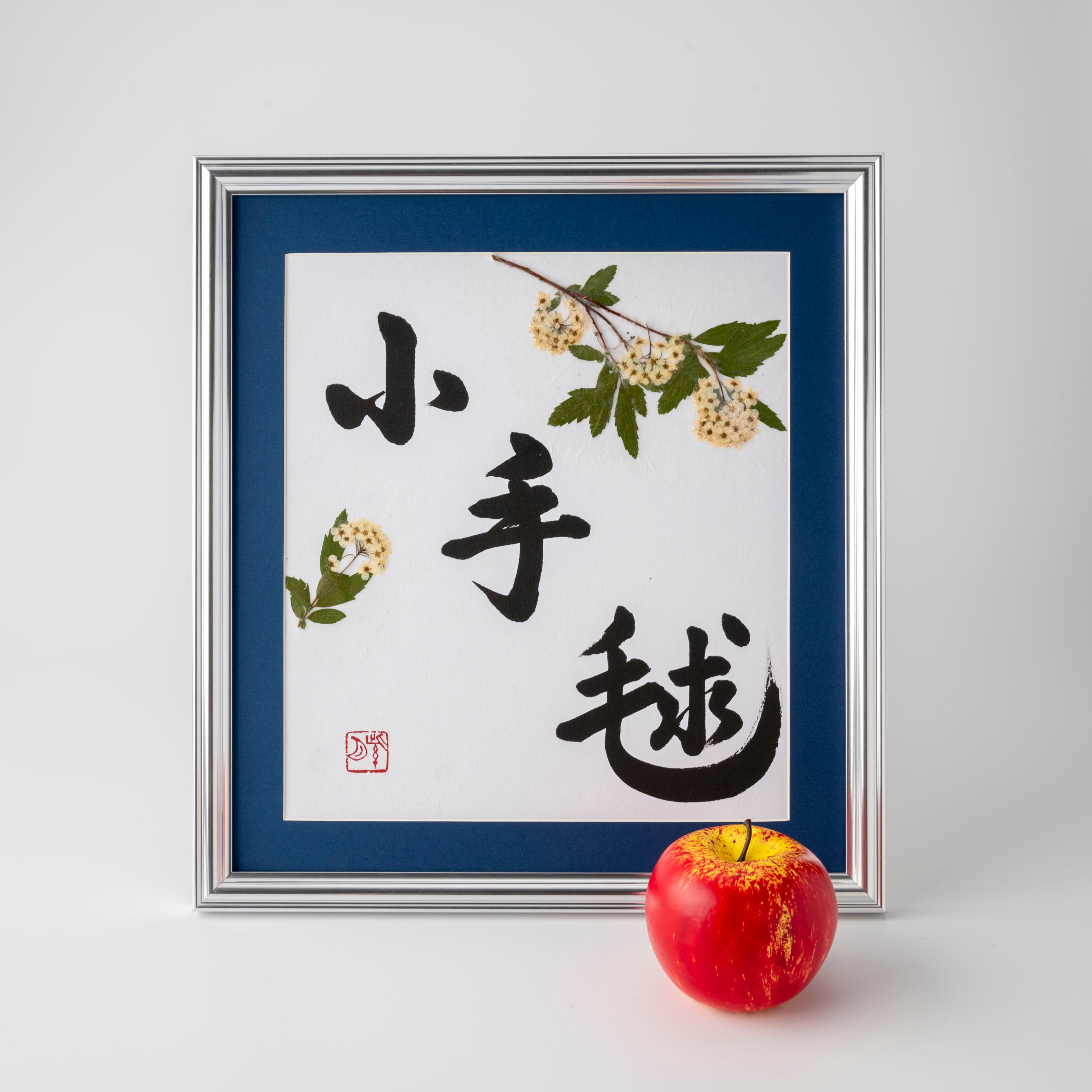 Pressed Flower Kodemari "Reeves Spirea" in Japanese - Silver Frame with Blue Mat, Design 2 (Free Shipping)