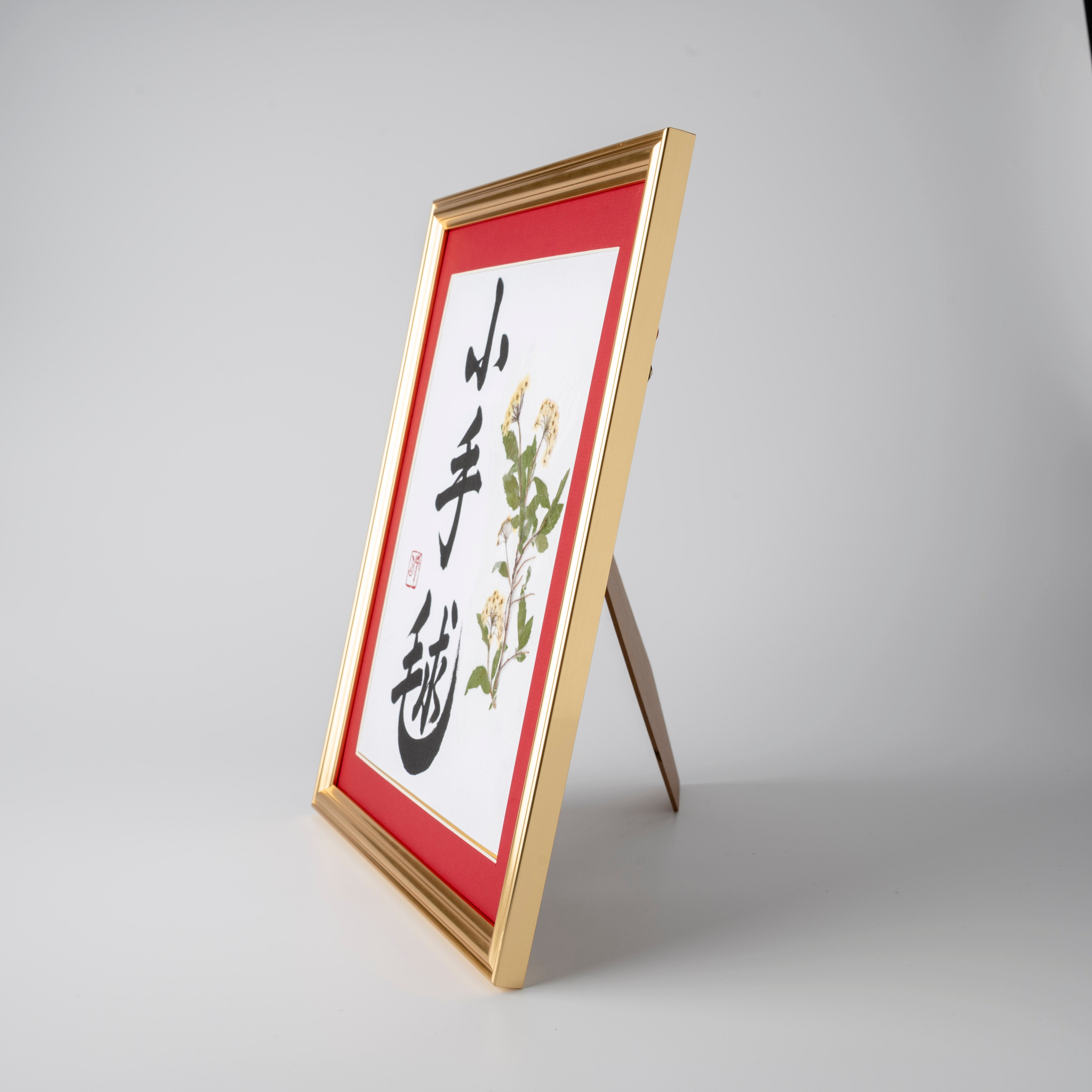 Pressed Flower Kodemari "Reeves Spirea" in Japanese - Gold Frame with Red Mat, Design 1 (Free Shipping)