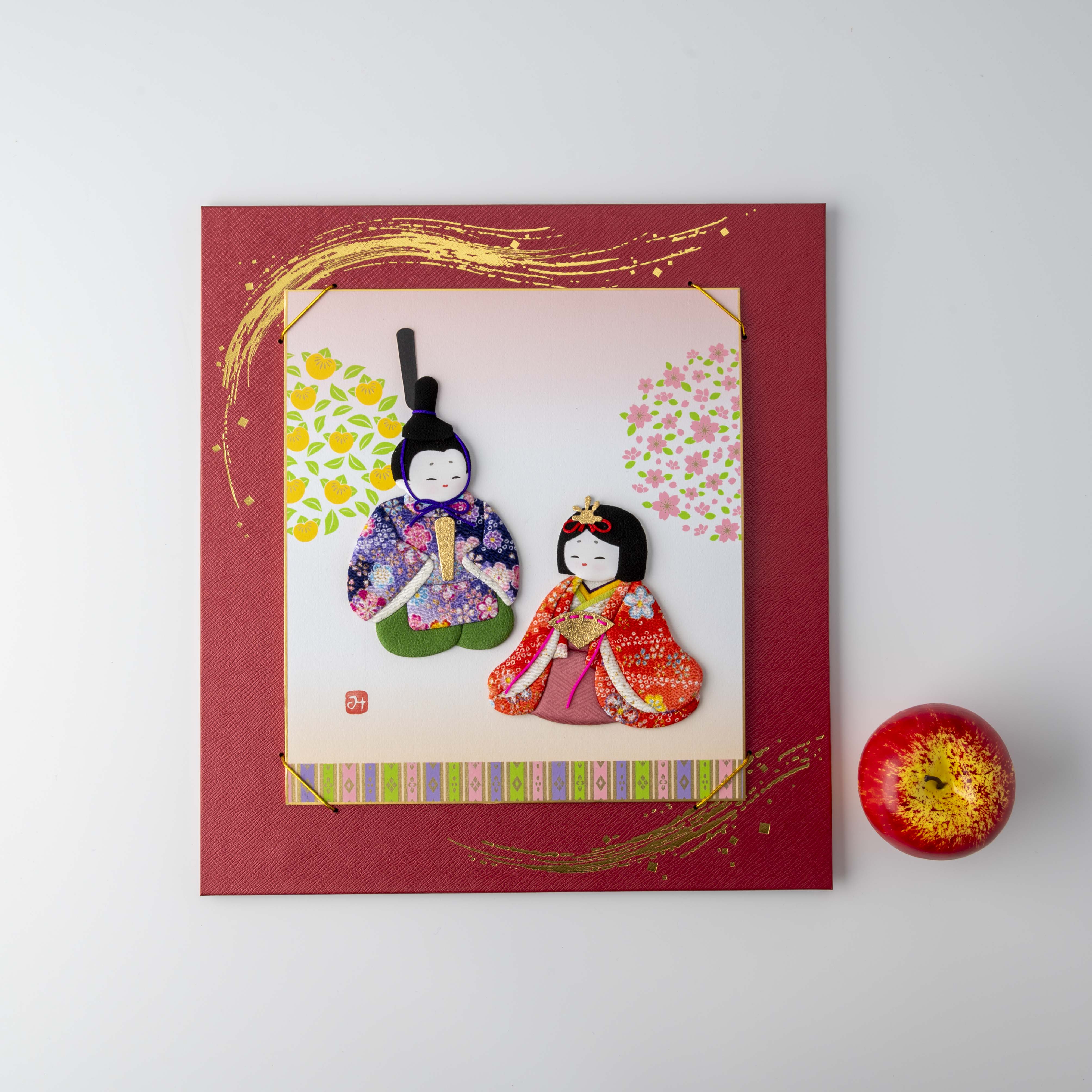 Hina Matsuri - Red and Gold Frame, Raised Cloth Artwork