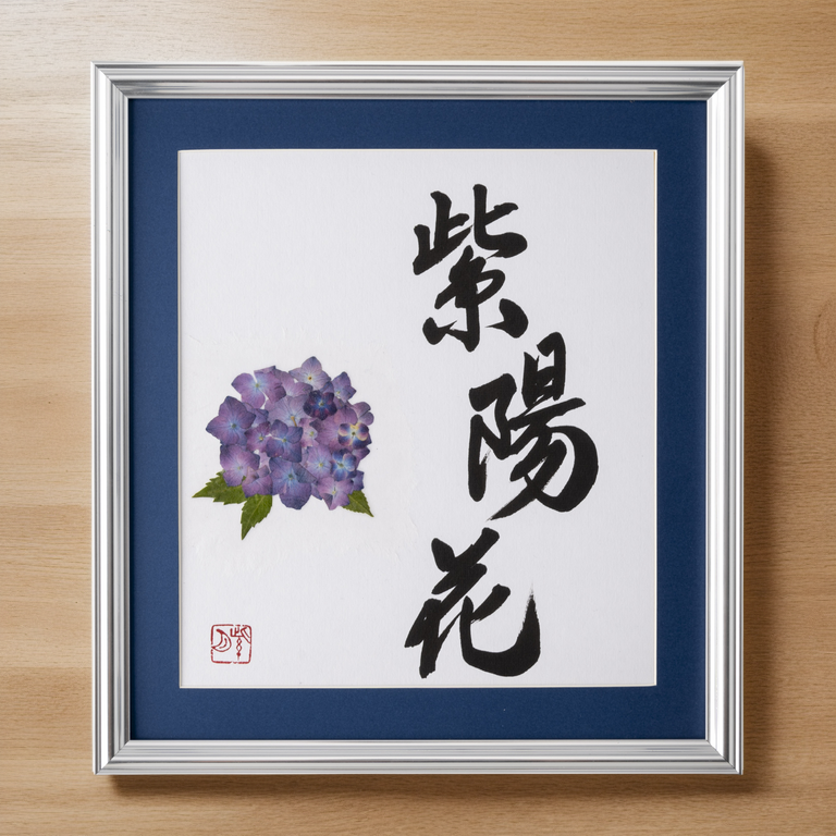 Pressed Flower Ajisai "Hydrangea" in Japanese - Silver Frame with Blue Mat, Design 2 (Free Shipping)