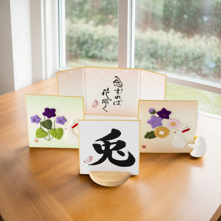 Bundled Product: Themed "Rabbit" - Shodo and Raised Cloth Artwork, Design 2