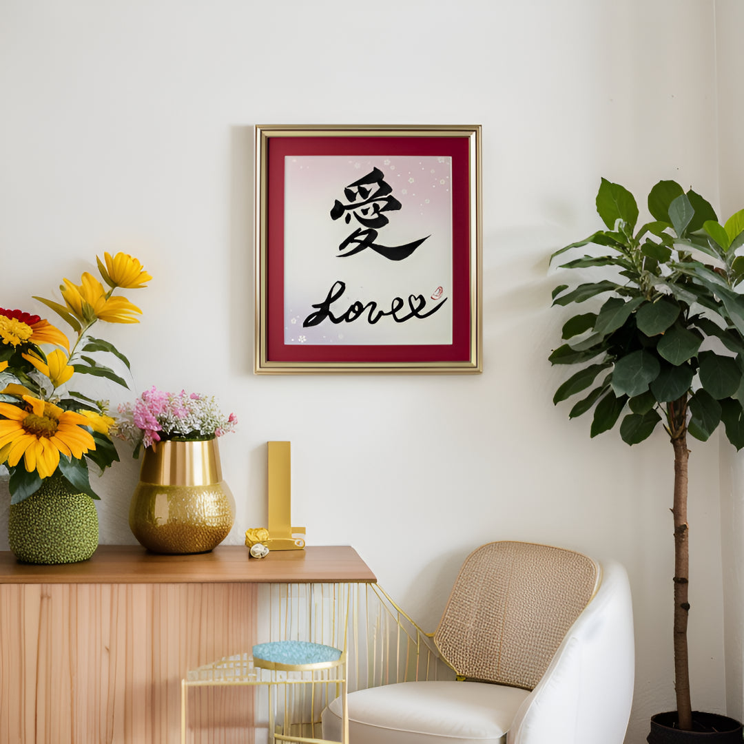 Ai "Love" in Japanese - Gold Frame with Red Mat (Free Shipping)