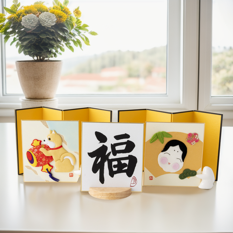 Bundled Product: Themed "Good Fortune" - Shodo and Raised Cloth Artwork, Design 1