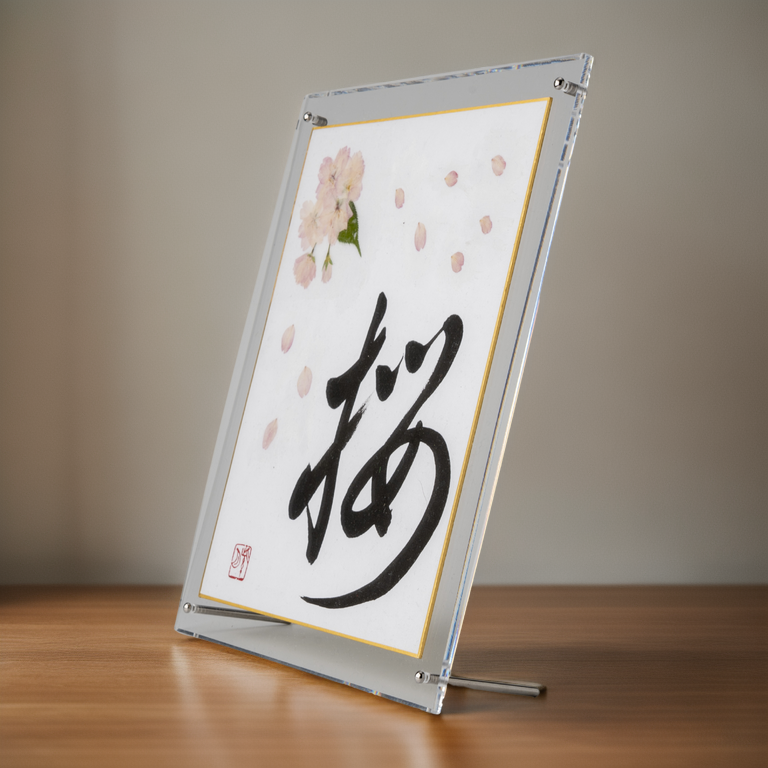 Pressed Flower Sakura "Cherry Blossom" in Japanese - Acrylic Clear Frame, Design 1 (Free Shipping)