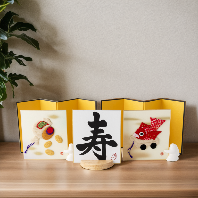 Bundled Product: Themed "Celebration" - Shodo and Raised Cloth Artwork, Design 1