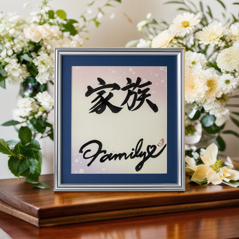 Kazoku "Family" in Japanese - Silver Frame with Blue Mat (Free Shipping)