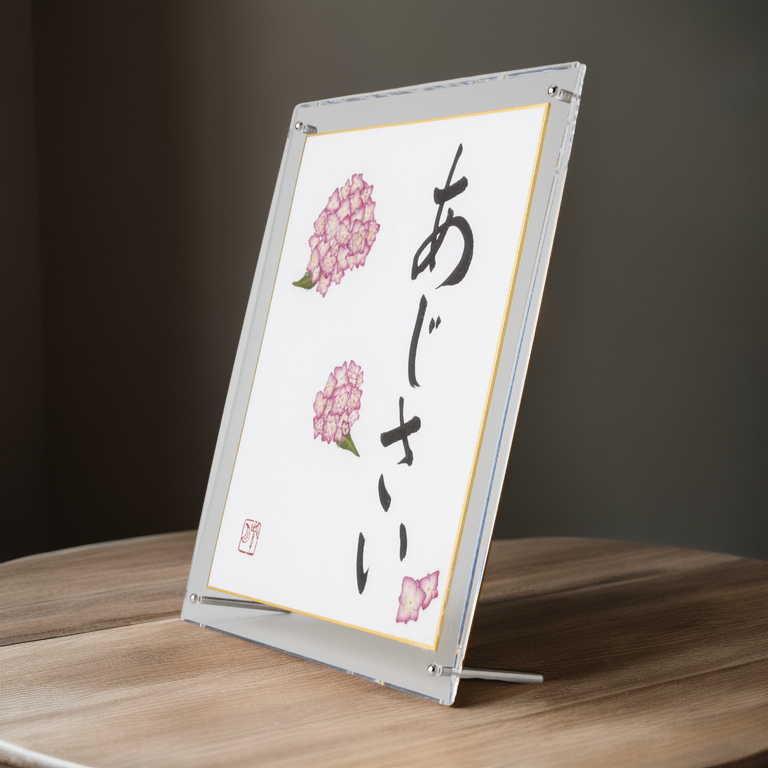 Pressed Flower Ajisai "Hydrangea" in Japanese - Acrylic Clear Frame, Design 3 (Free Shipping)