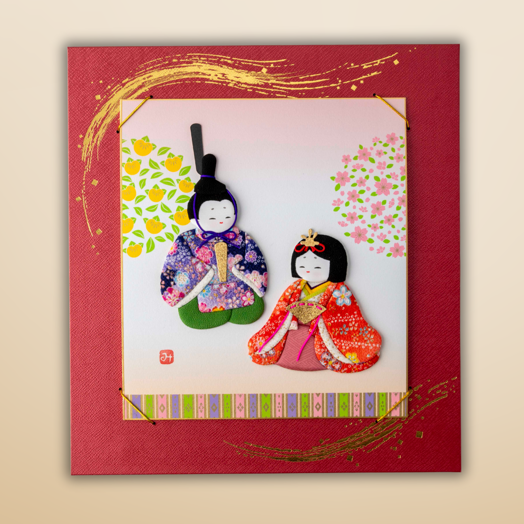 Hina Matsuri - Red and Gold Frame, Raised Cloth Artwork